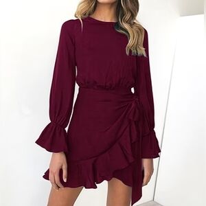 Women's Red Wine Ruffle Hem Long Sleeve Burgundy Mini Dress Size Small